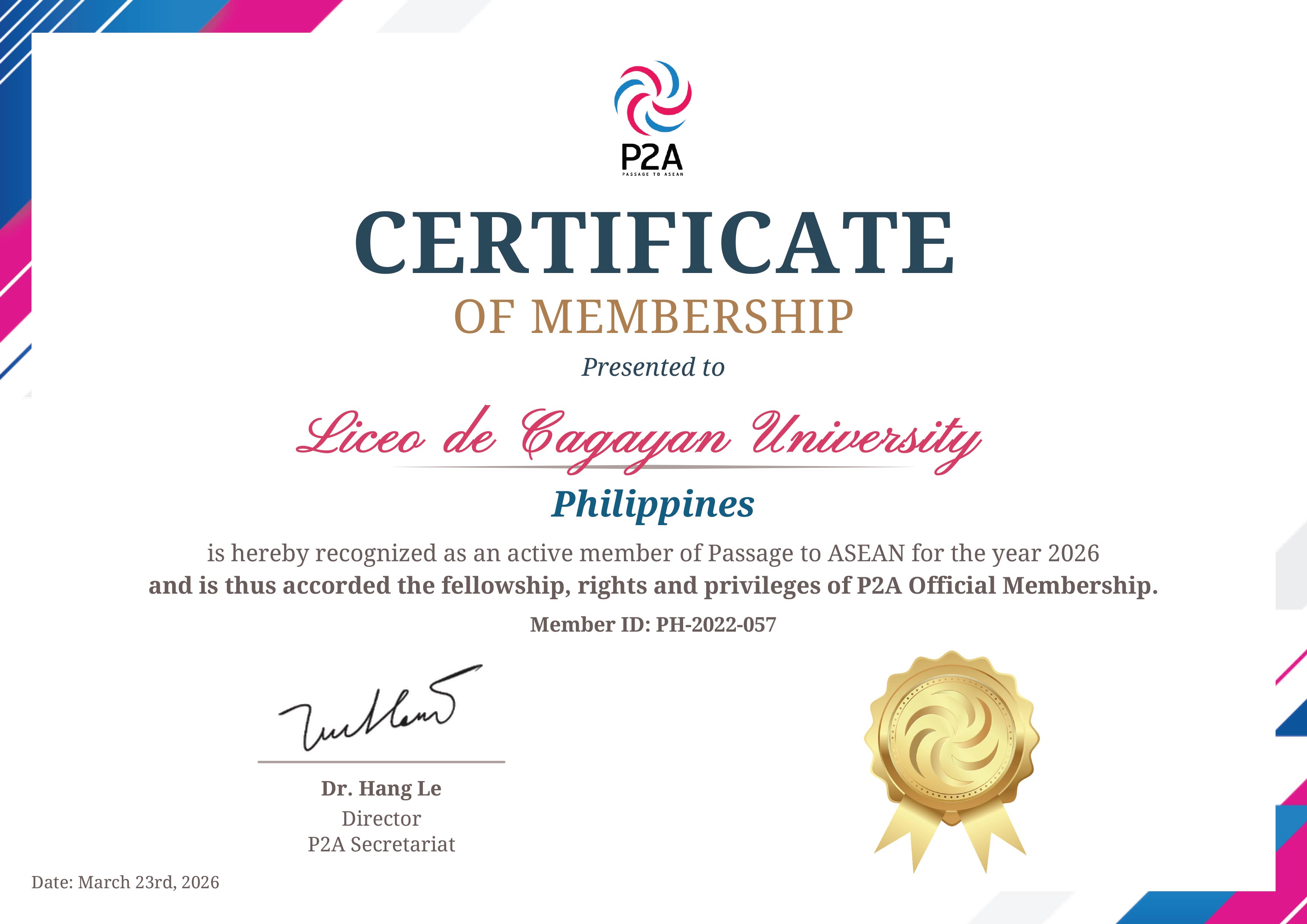 P2A Membership Certificate