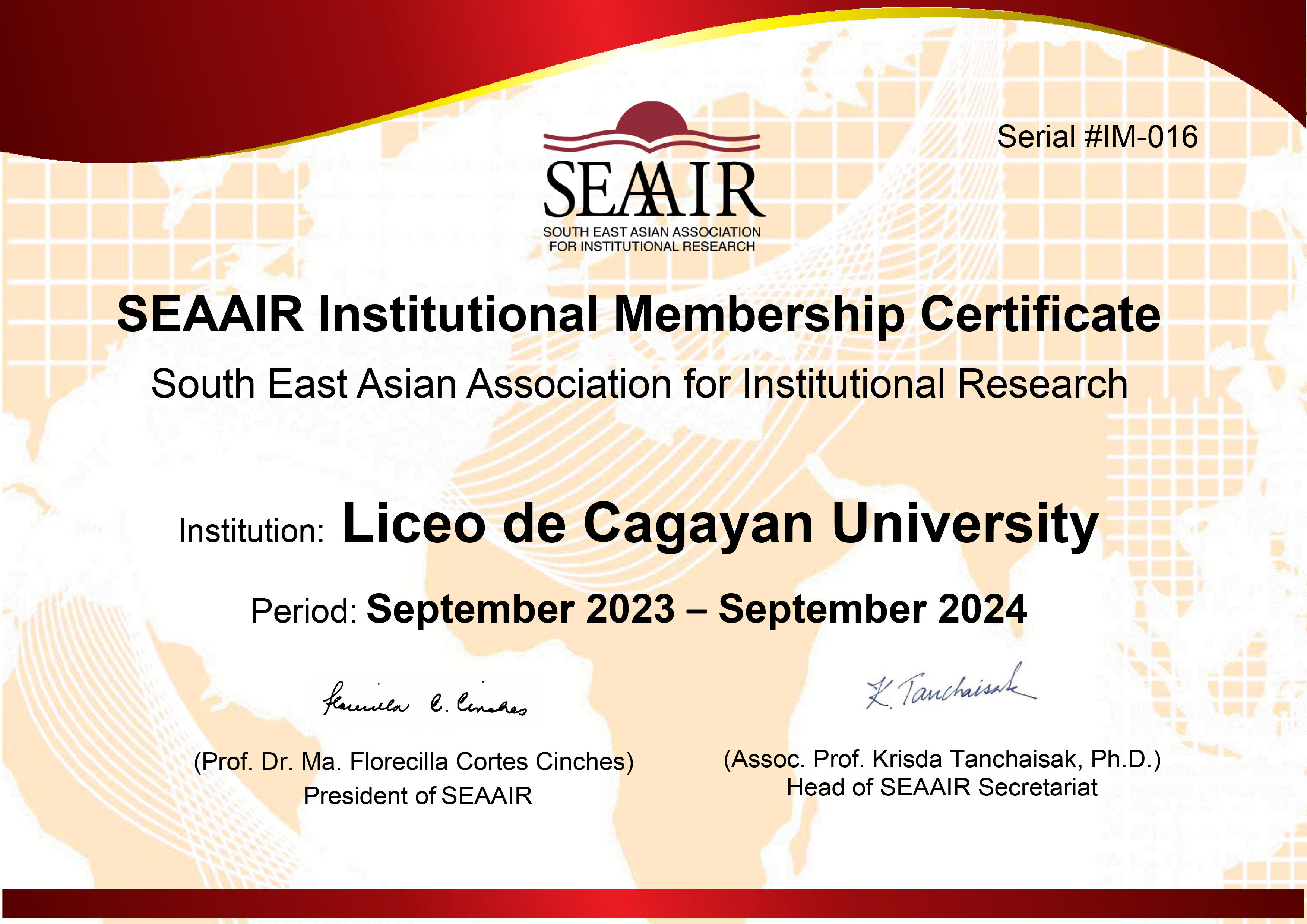 SEAAIR Institutional Membership Certificate 2023