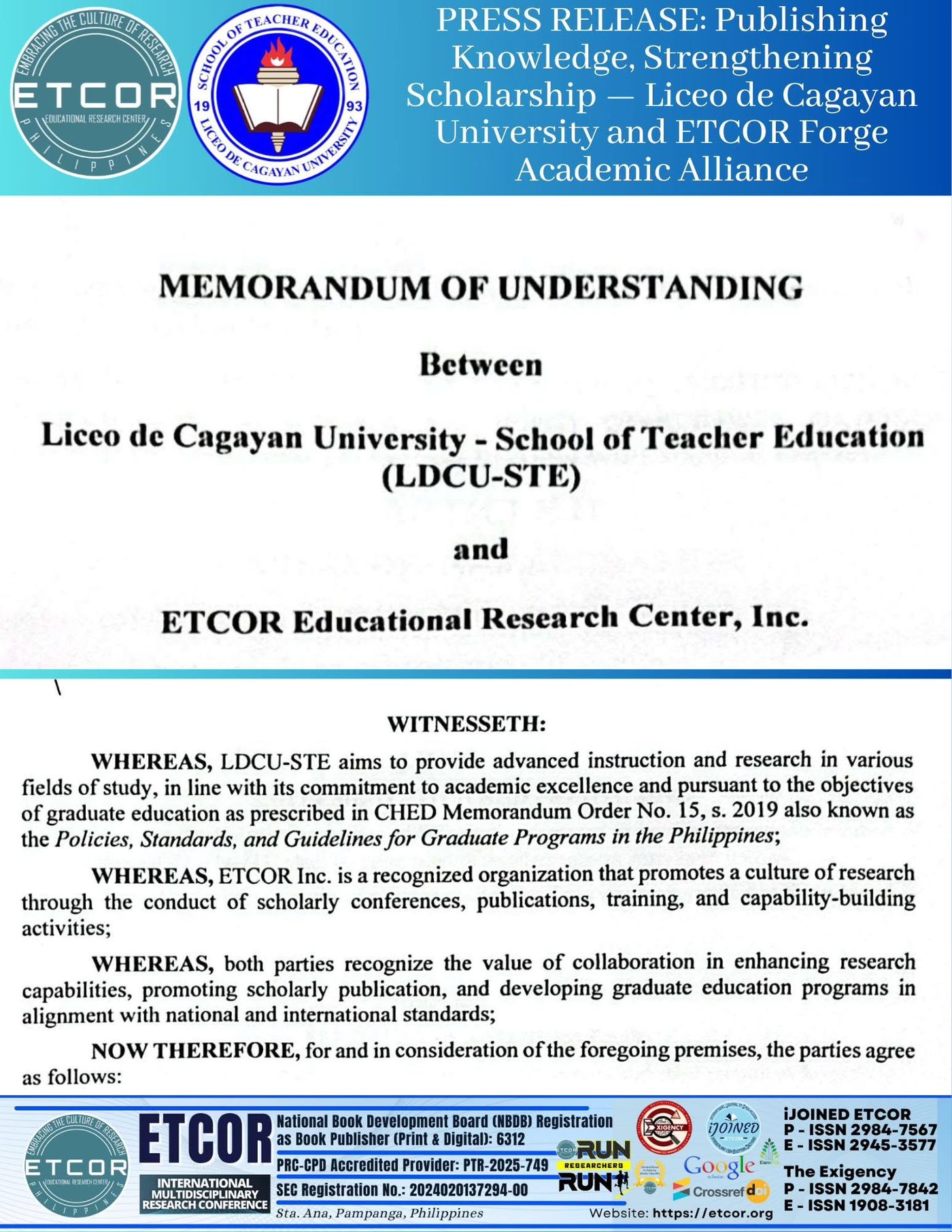 Publishing Knowledge, Strengthening Scholarship — Liceo de Cagayan University and ETCOR Forge Academic Alliance