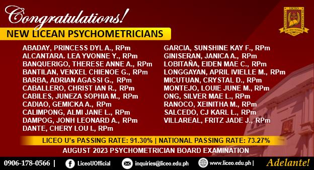 LICEO U POSTS 91.30% PASSING RATE IN PSYCHOMETRICIAN BOARD EXAM