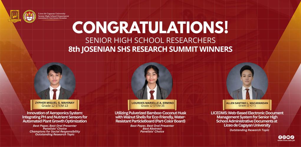 LICEO SHS RESEARCHERS DOMINATE 8TH JOSENIAN SUMMIT, BAG MULTIPLE AWARDS